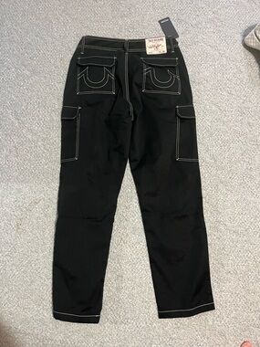 True Religion Jet Black Cargo Pants with White Contrast Stitching